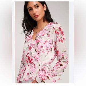 Lulu's Jameela White and Pink Floral Print Sheer Ruffled Wrap Top Size Medium